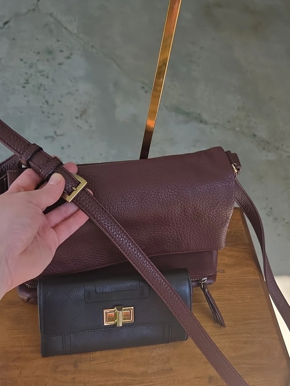NWOT Tignanello Burgundy Leather Shoulder Bag w/ GUC Black Wallet $400 Retail
